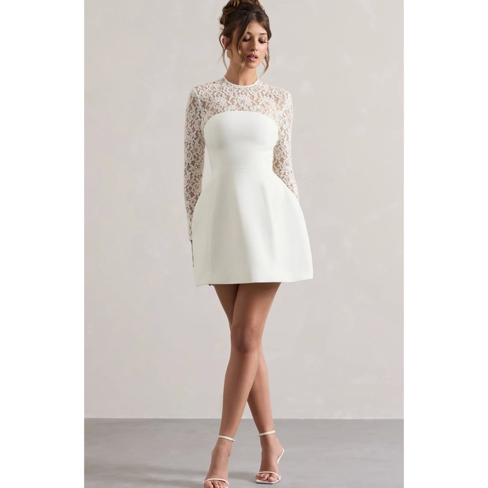 NEW Club L London Birdie White Lace Long Sleeve Mini Dress Womens Size US 6